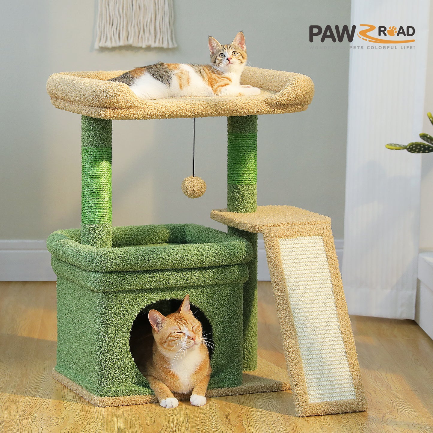 PAWZ Road Small Cat Tree Tower Scratching Post with Wide Top Perch Condo Toys Green