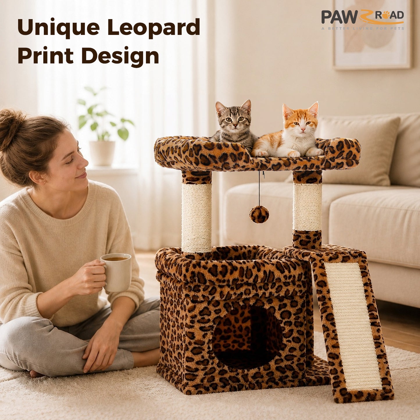 PAWZ Road Small Cat Tree Tower Scratching Post with Wide Top Perch Condo Toys Leopard Print