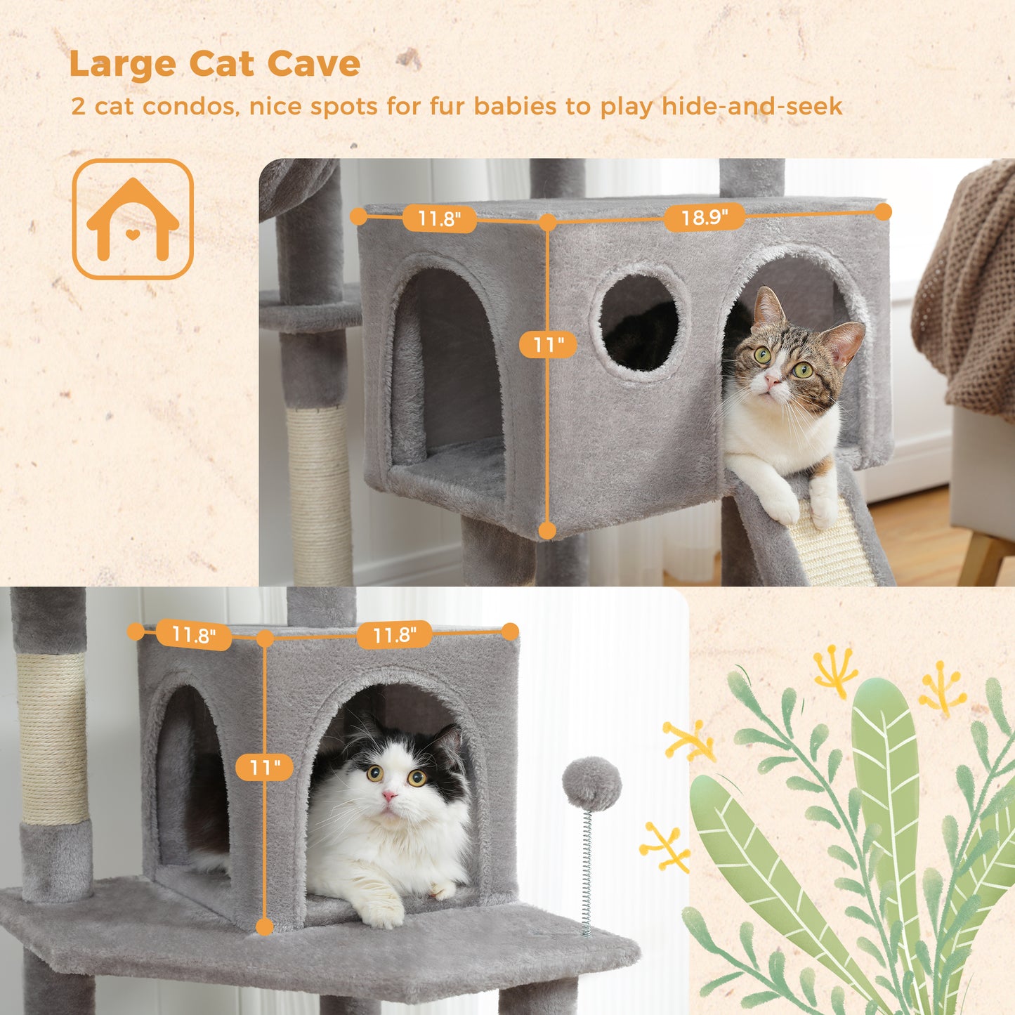 PAWZ Road Cat Tree Scratching Post Tree Large Cat Climb House Furniture with 2 Condo 162cm Grey