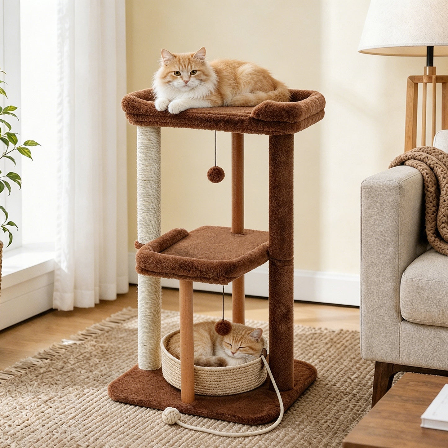 PAWZ Road 88cm Wooden Cat Tree for Large Cats, Cat Tower with Removable Bed, Sisal-Covered Scratching Post, Spacious Large Top Perch, Removable Basket, Big Bed and Pompom Balls, for Indoor Cats, Brown