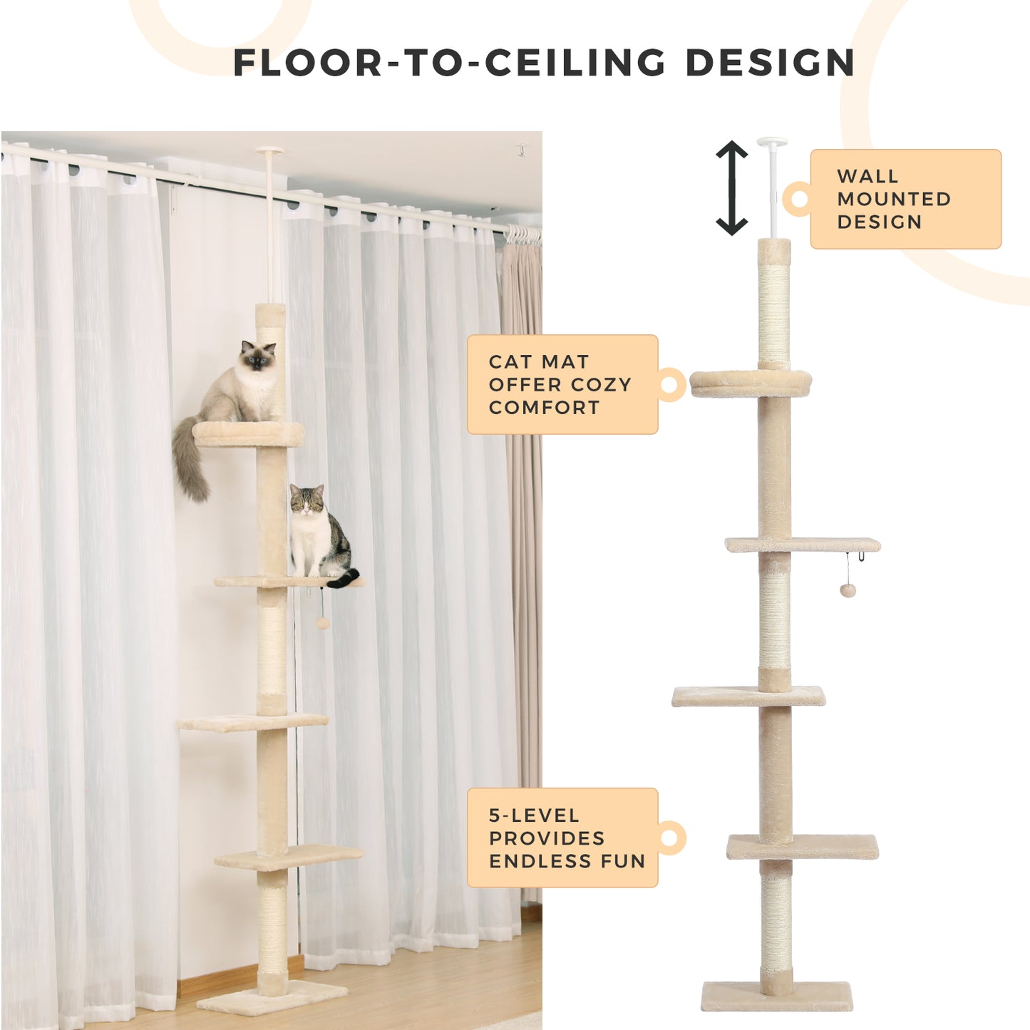 PAWZ Road Cat Tree Tower Floor to Ceiling Cat Scratching Post Height Adjustable Beige
