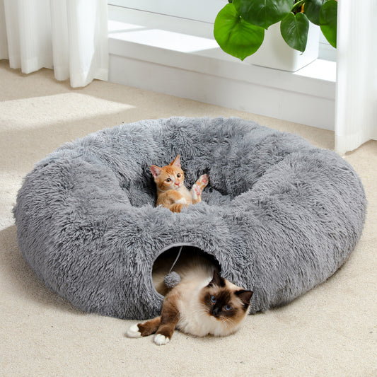 PAWZ Road Cat Tunnel Bed with Central Soft Mat Collapsible Fluffy Plush Cat Tube