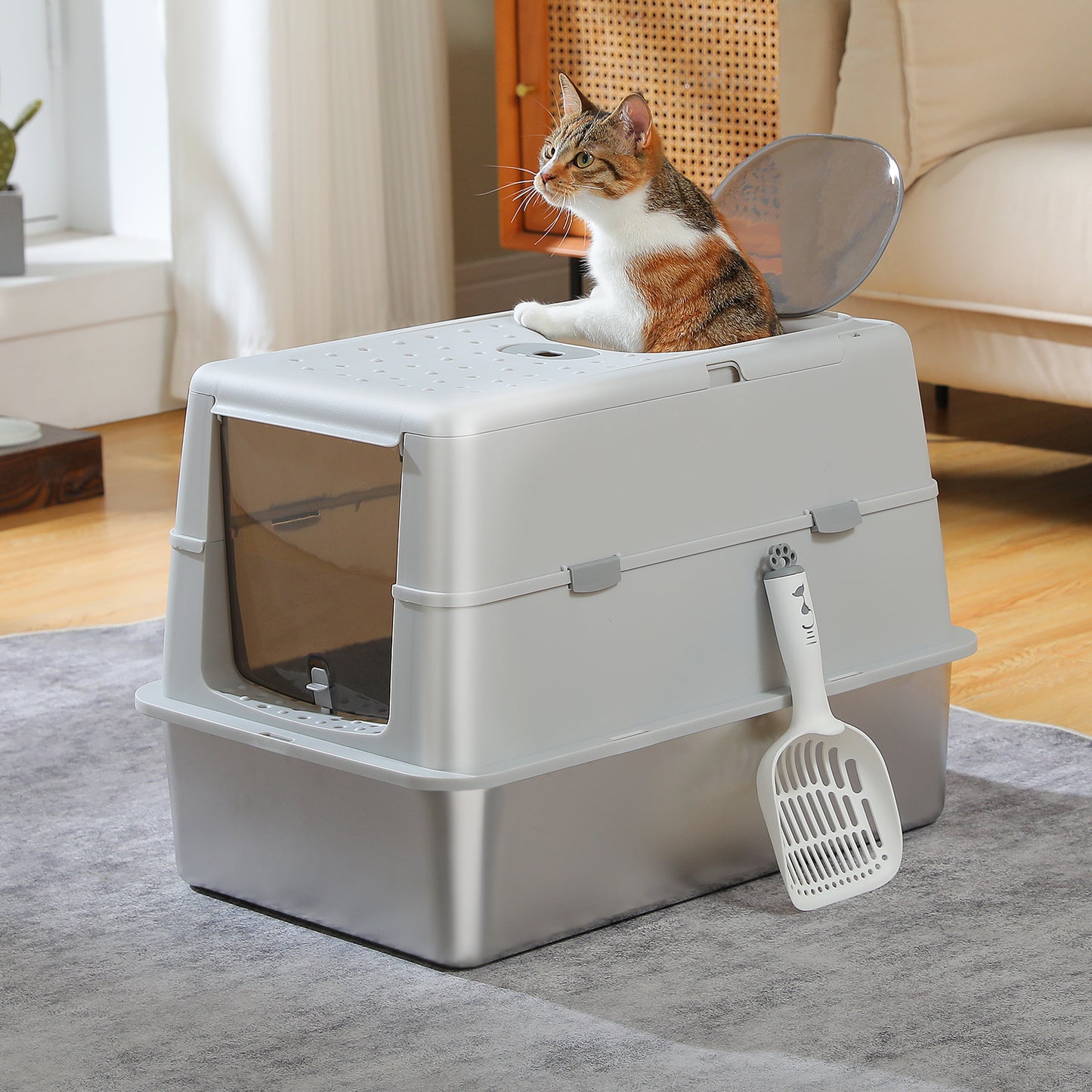 PAWZ Road Stainless Steel Litter Box XL Enclosed Cat Boxes with Lid | 41cm High Sides Anti-Leakage, 38L Capacity for Large Cats, Non-Stick Bottom & Includes Scoop
