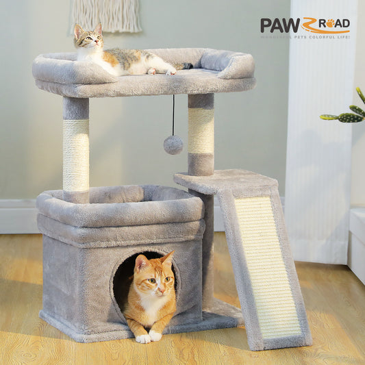 PAWZ Road Small Cat Tree Tower Scratching Post with Wide Top Perch Condo Toys Grey