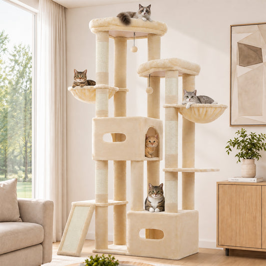 PAWZ Road 185cm Tall Cat Tree, Multi-Level Cat Tower for Large Indoor Cats 2 Large Perches, Sisal Scratching Posts & Ramp, 2 Hanging Caves, 2 Private Condos, 2 Dangling Balls, Beige