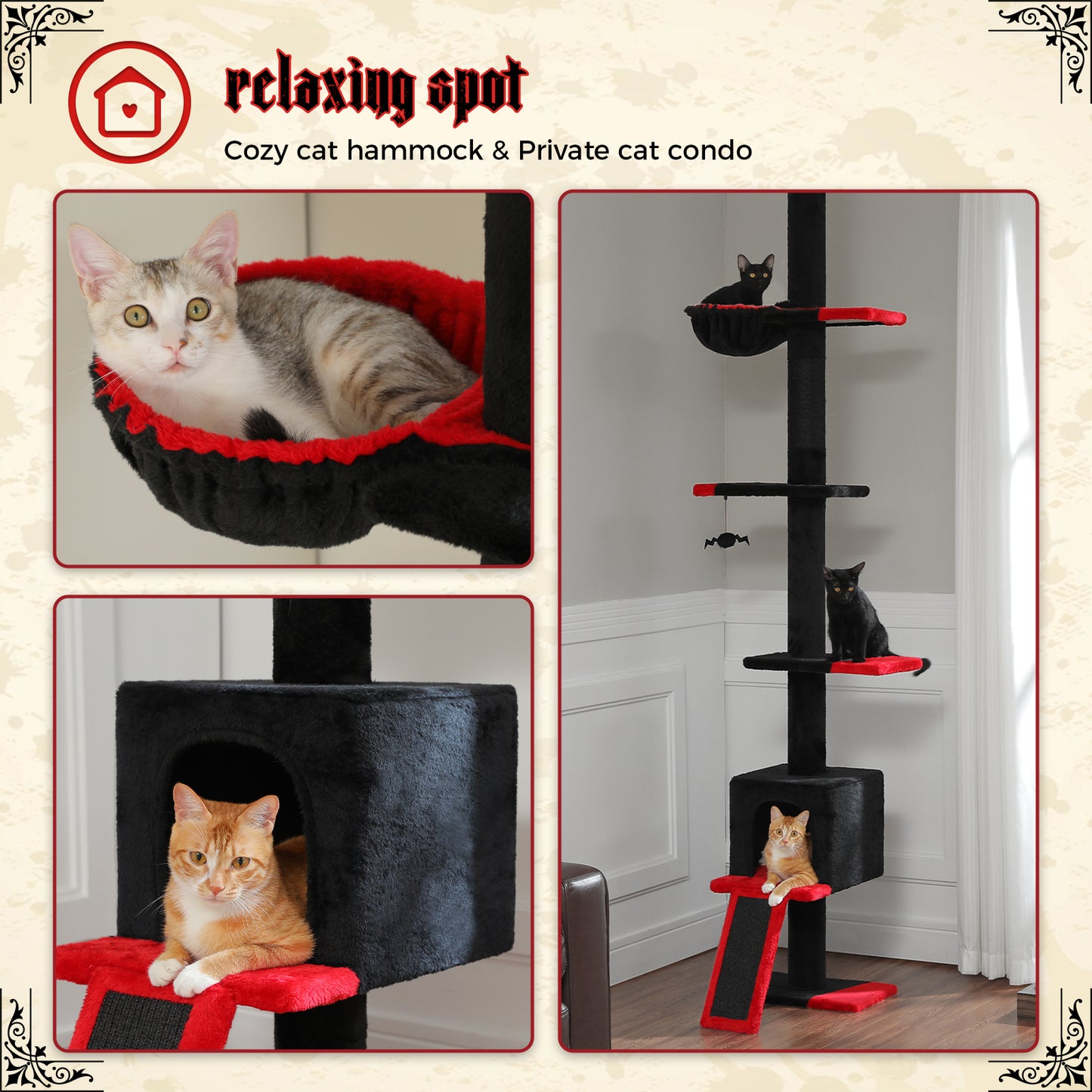 PAWZ Road Cat Tree Tower Scratching Post Ceiling High Cat Scratcher Condo Beds Black