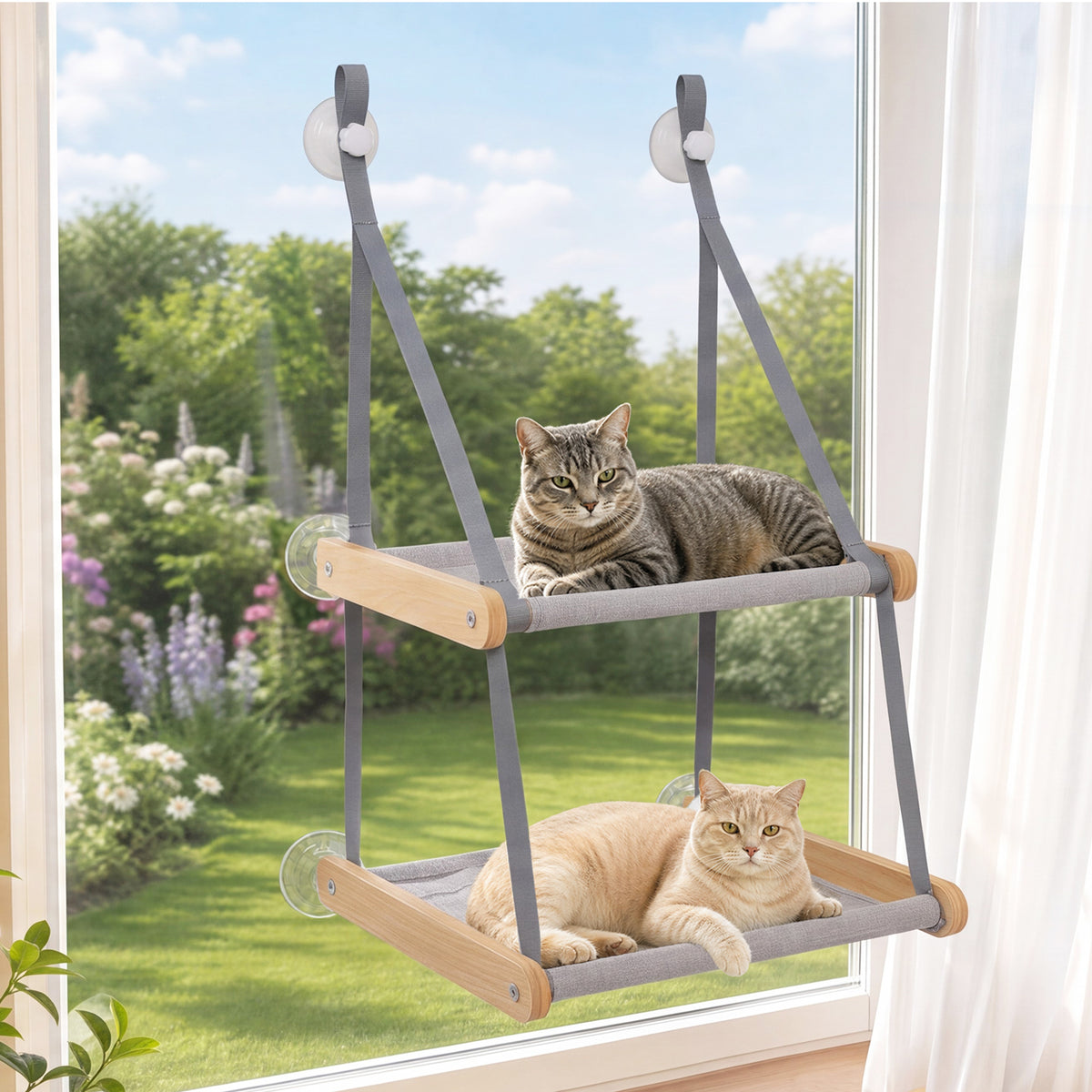 PAWZ Road Cat Window Perch for Large Cats, Wooden Cat Window Hammock, Grey, Sturdy Suction Cups, Double Layer Detachable & Machine Washable Design, Holds Up to 18kg, for Large Cats & Multiple Kittens