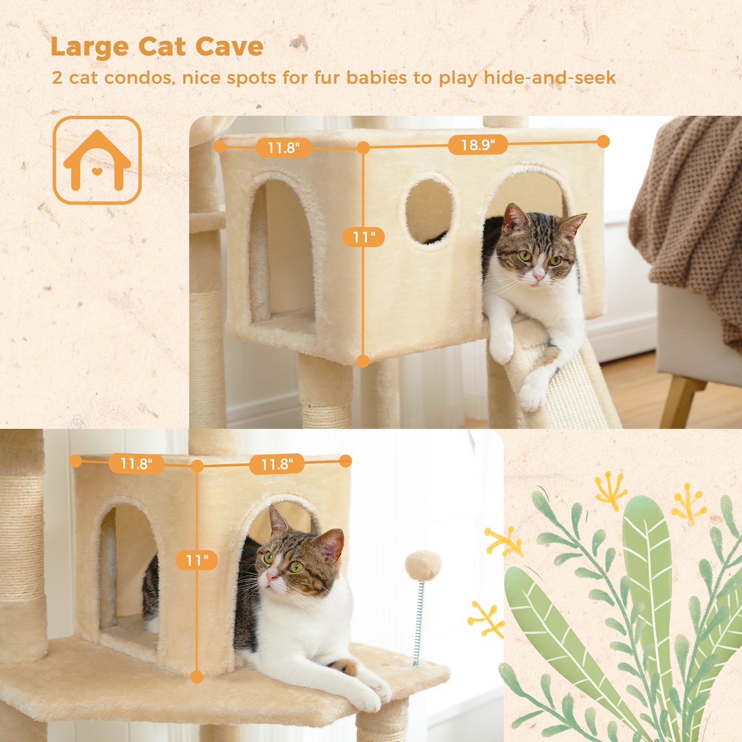 PAWZ Road Cat Tree Scratching Post Tree Large Cat Climb House Furniture with 2 Condo 162cm Beige