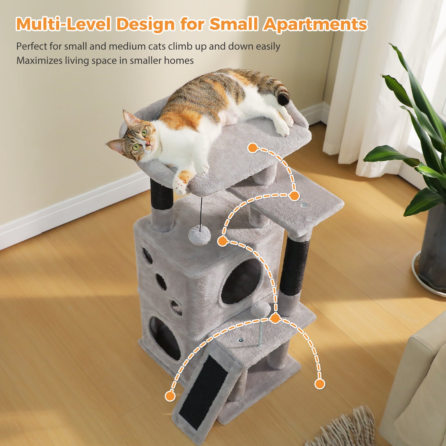 PAWZ Road Cat Tree for Indoor Cats, 88cm Small Cat Tower with Sisal-Covered Scratching Posts, 2 Condos, Scratching Ramp and Dangling Toys, Ideal Kitten Play House for Multi-Kitten Households