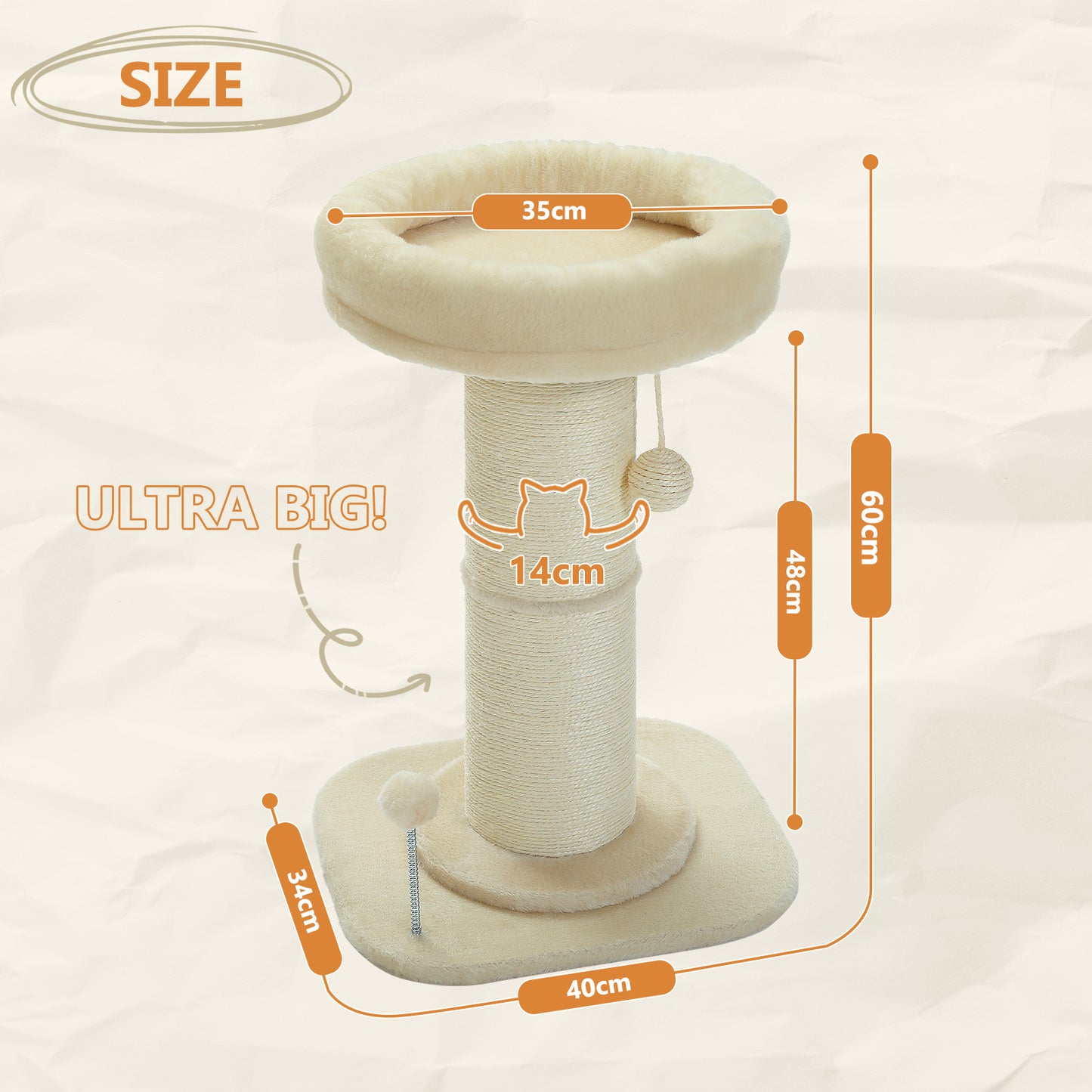 PAWZ Road 60cm Cat Scratching Post with Super Thick Scratcher Cats Bed Toys Scratch Beige