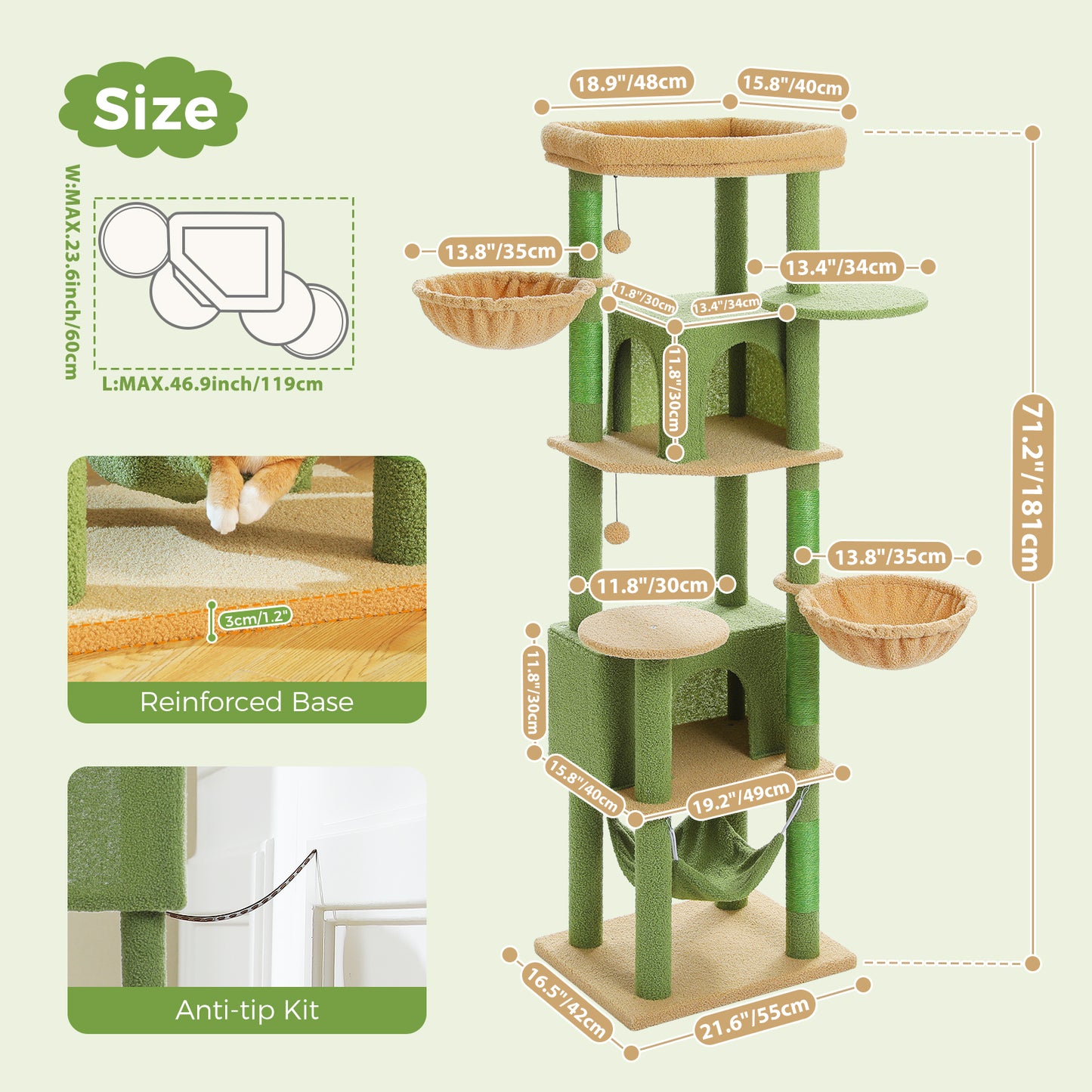 PAWZ Road 181cm Large Cat Tree Tower Scratching Post Condo House Furniture Cat Beds Green