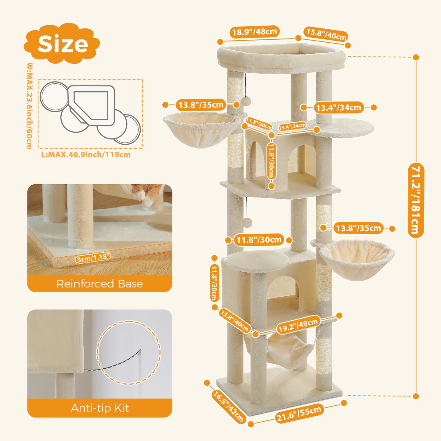 PAWZ Road 181cm Large Cat Tree Tower Scratching Post Condo House Furniture Cat Beds Beige