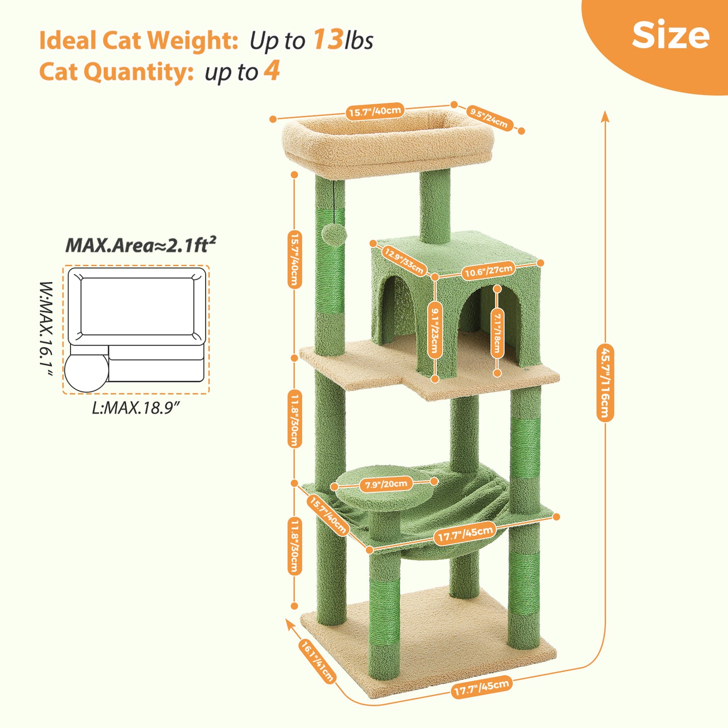 PAWZ Road 116cm Cat Tree Tower Scratching Post Scratcher Cat Condo Tree Kitten Bed Toy Green
