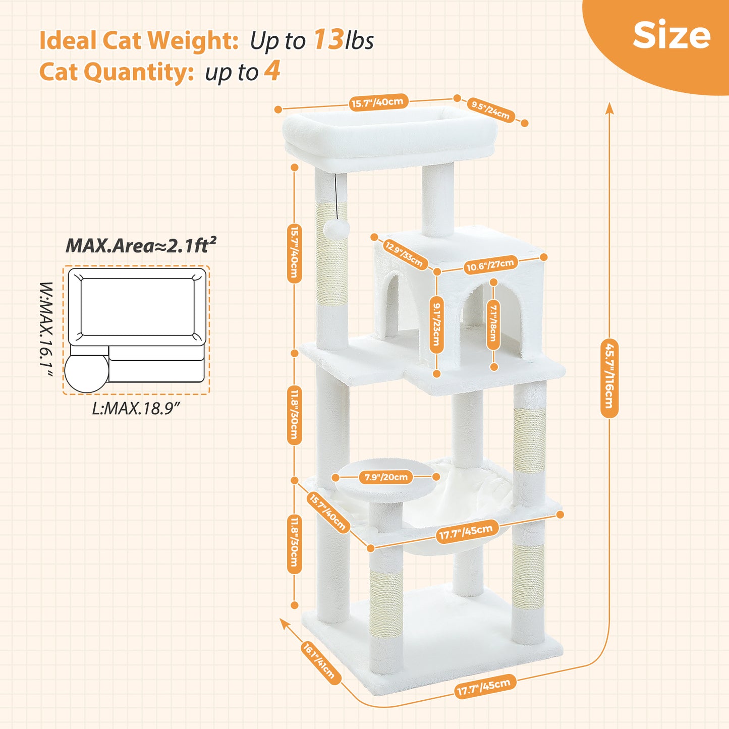 PAWZ Road 116cm Cat Tree Tower Scratching Post Scratcher Cat Condo Tree Kitten Bed Toy White