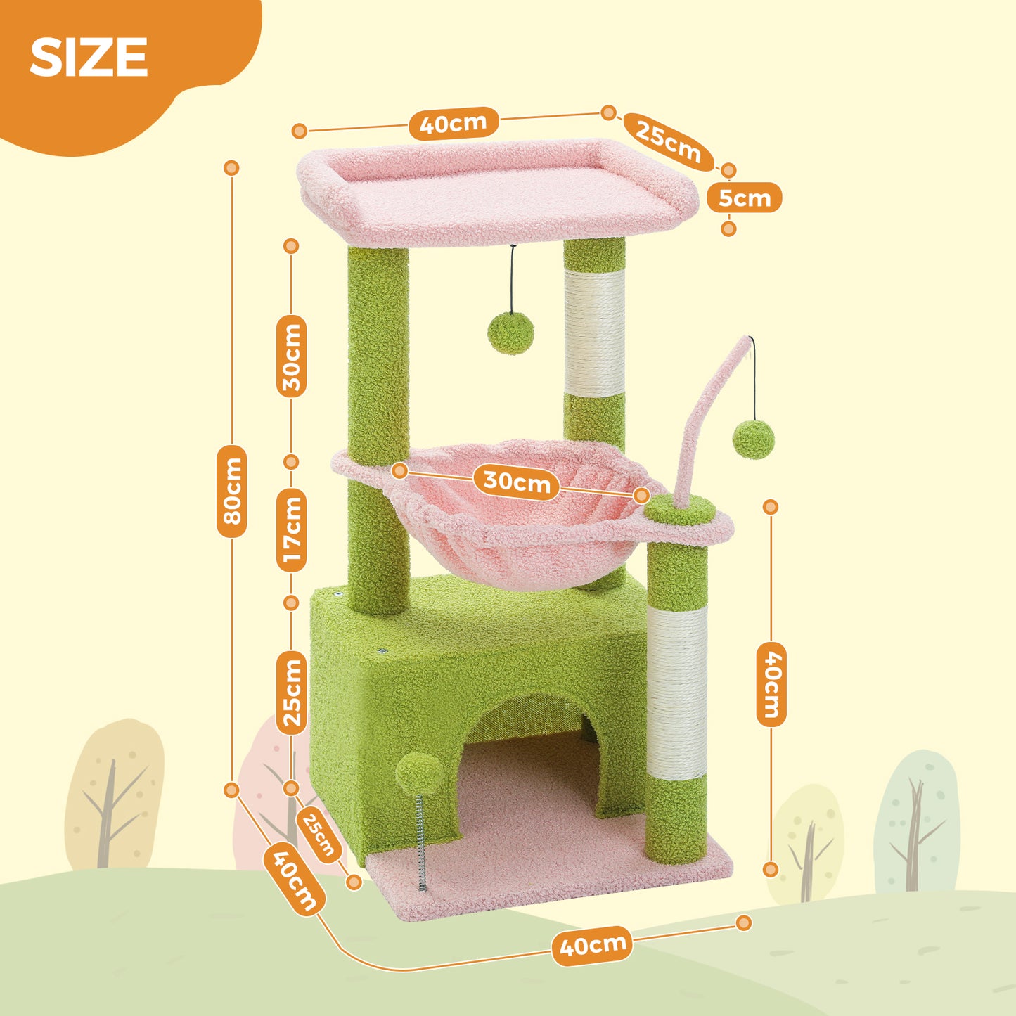 PAWZ Road Plush Cat Tree, 83cm Cat Tower with Cozy Hammock, Pet Furniture Natural Sisal Scratching Posts, Spacious Plush Perch, Large Cat Condo, Dingdang Balls for Indoor Cats, Pink
