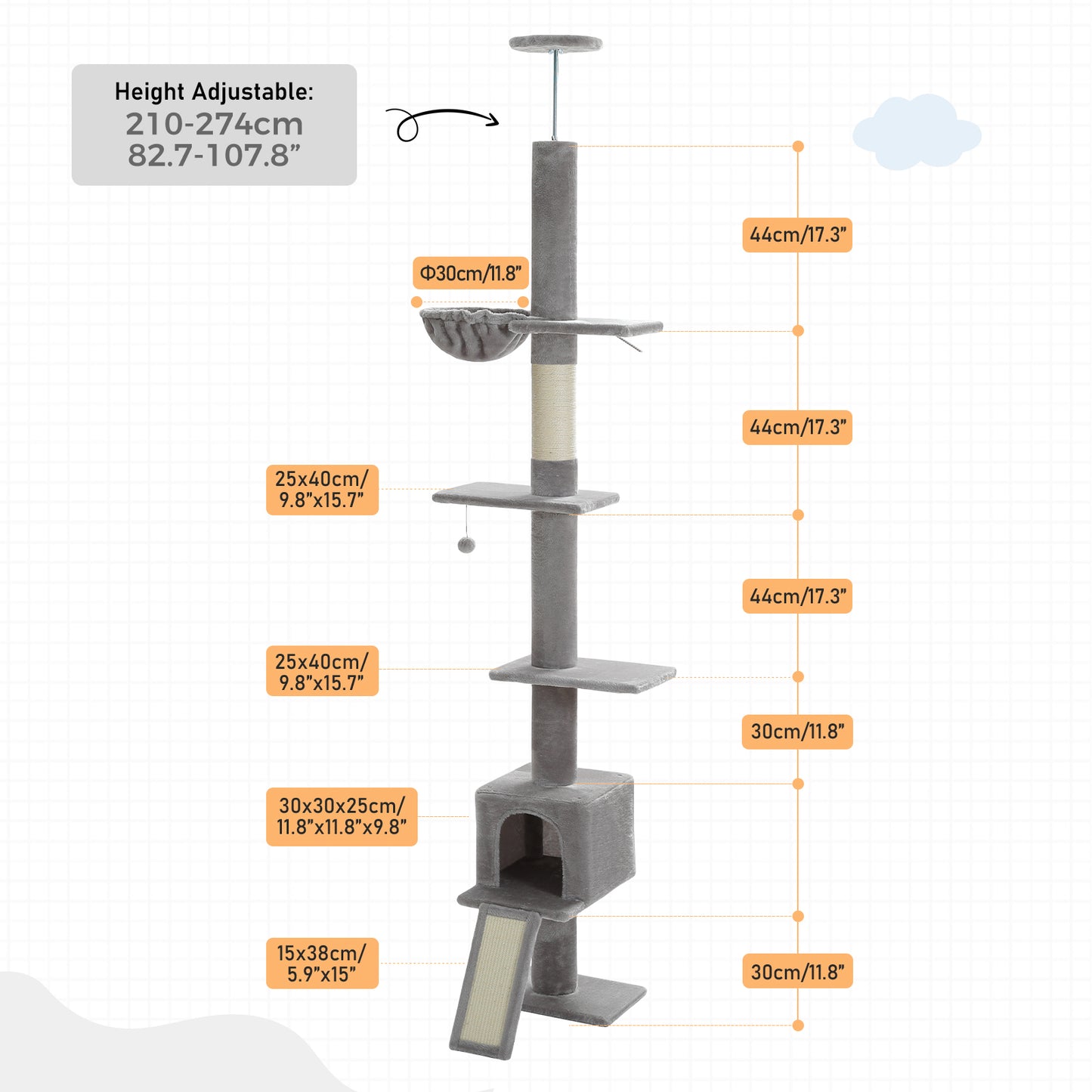 PAWZ Road Cat Tree Tower Scratching Post Ceiling High Cat Scratcher Condo Beds Grey