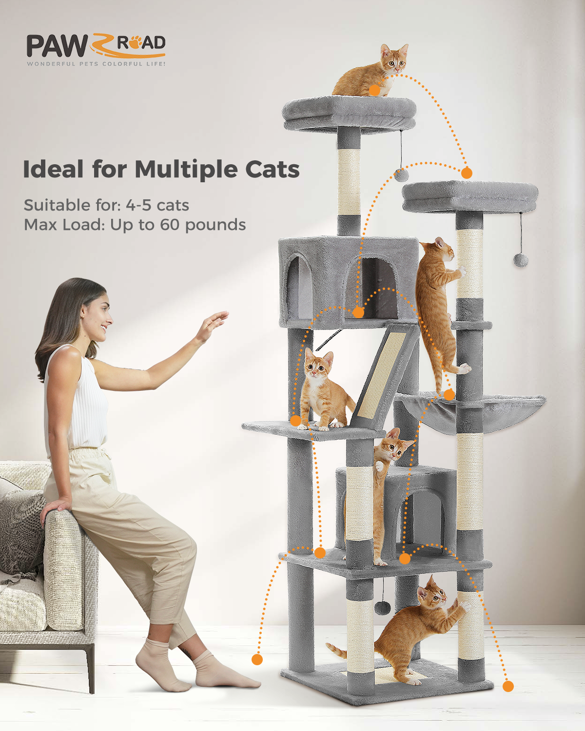 PAWZ Road Cat Tree Tower Scratching Post Adult Cats Condo House Bed Toys 180cm Grey