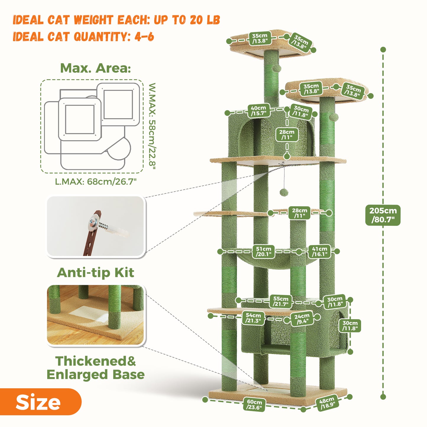 PAWZ Road 205cm Large Cactus Cat Tree Tower Scratching Post Scratcher Condo House Cat Furniture Green