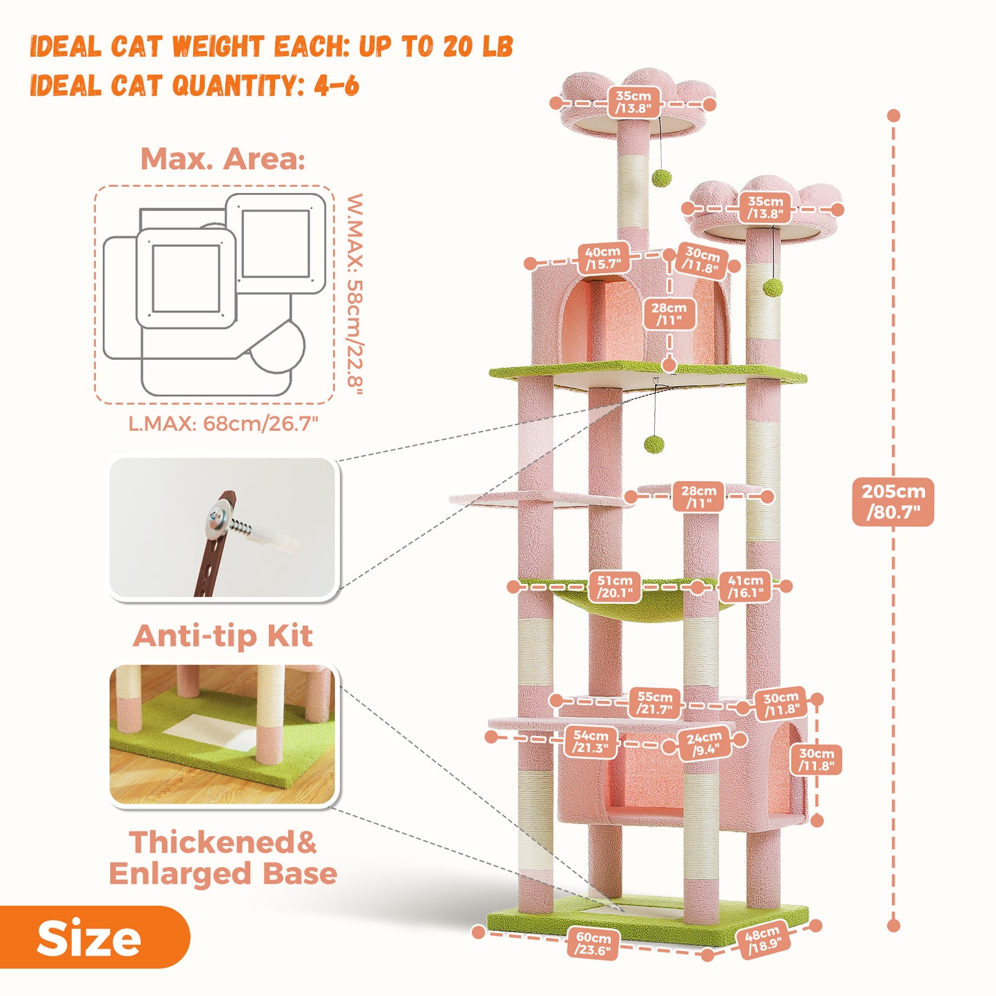 PAWZ Road 205cm Large Flower Cat Tree Tower Scratching Post Scratcher Condo House Cat Furniture Pink