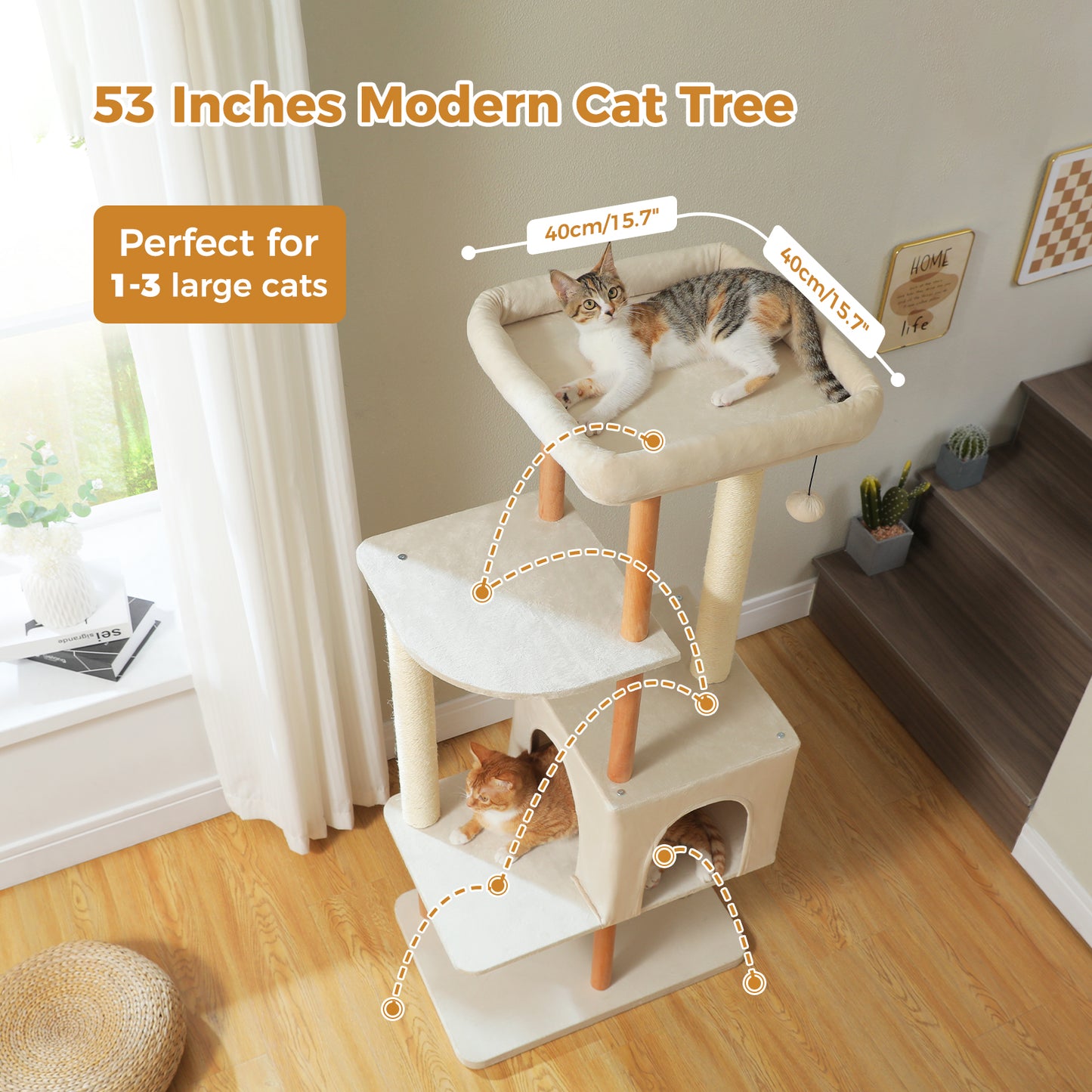 PAWZ Road 135CM Cat Tree Tower Scratching Post Scratcher Wooded Cats Condo House Beige
