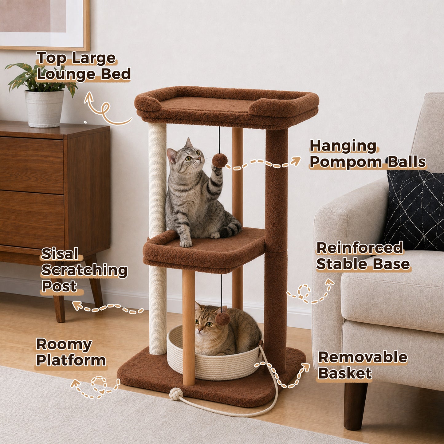 PAWZ Road 88cm Wooden Cat Tree for Large Cats, Cat Tower with Removable Bed, Sisal-Covered Scratching Post, Spacious Large Top Perch, Removable Basket, Big Bed and Pompom Balls, for Indoor Cats, Brown