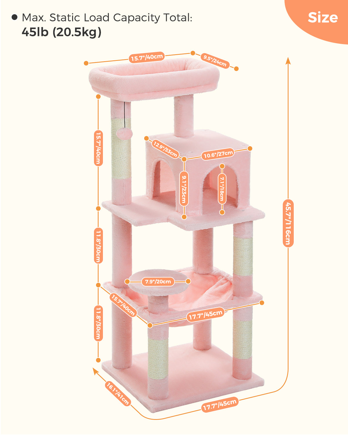 PAWZ Road 116cm Cat Tree Tower Scratching Post Scratcher Cats Condo House Bed Toys Light Pink