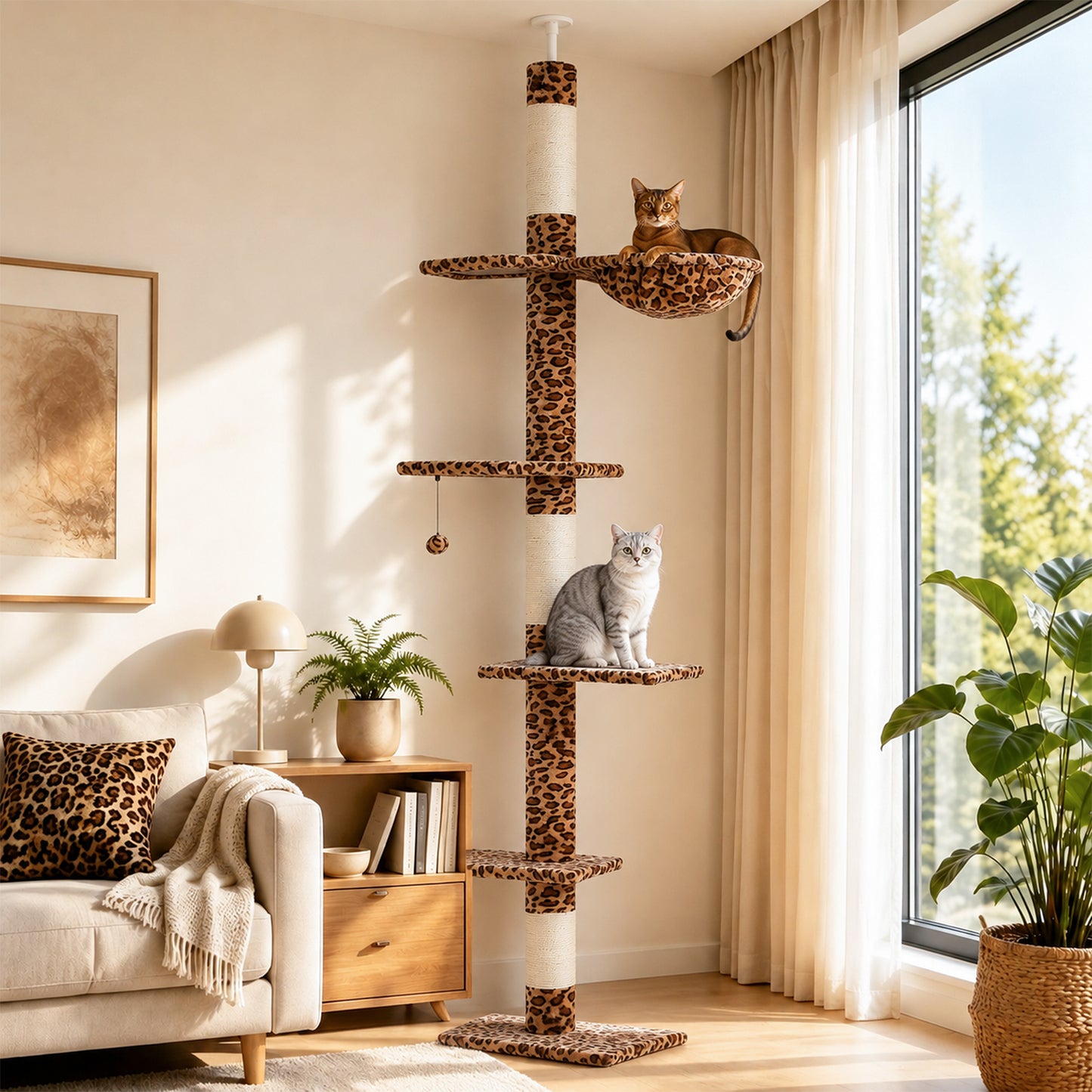 PAWZ Road Cactus Floor-to-Ceiling Cat Tree 5-Tier Cat Tower with Hammock ,229-275cm Adjustable Height ,Ceiling Tree in Green,No Drilling&Space Saving Tall Cat Tree, Multi-Level Skinny Cat Tower, Leopard print