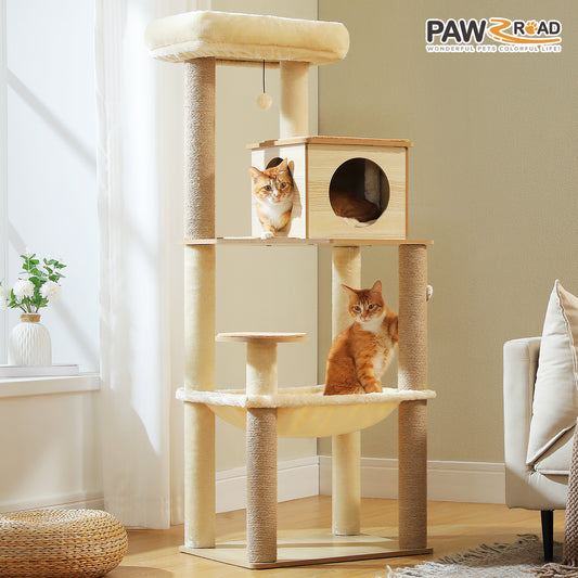 PAWZ Road 143cm Cat Tree Tower Scratching Post Scratcher Cat Condo Tree Kitten Bed Toy Wood Beige
