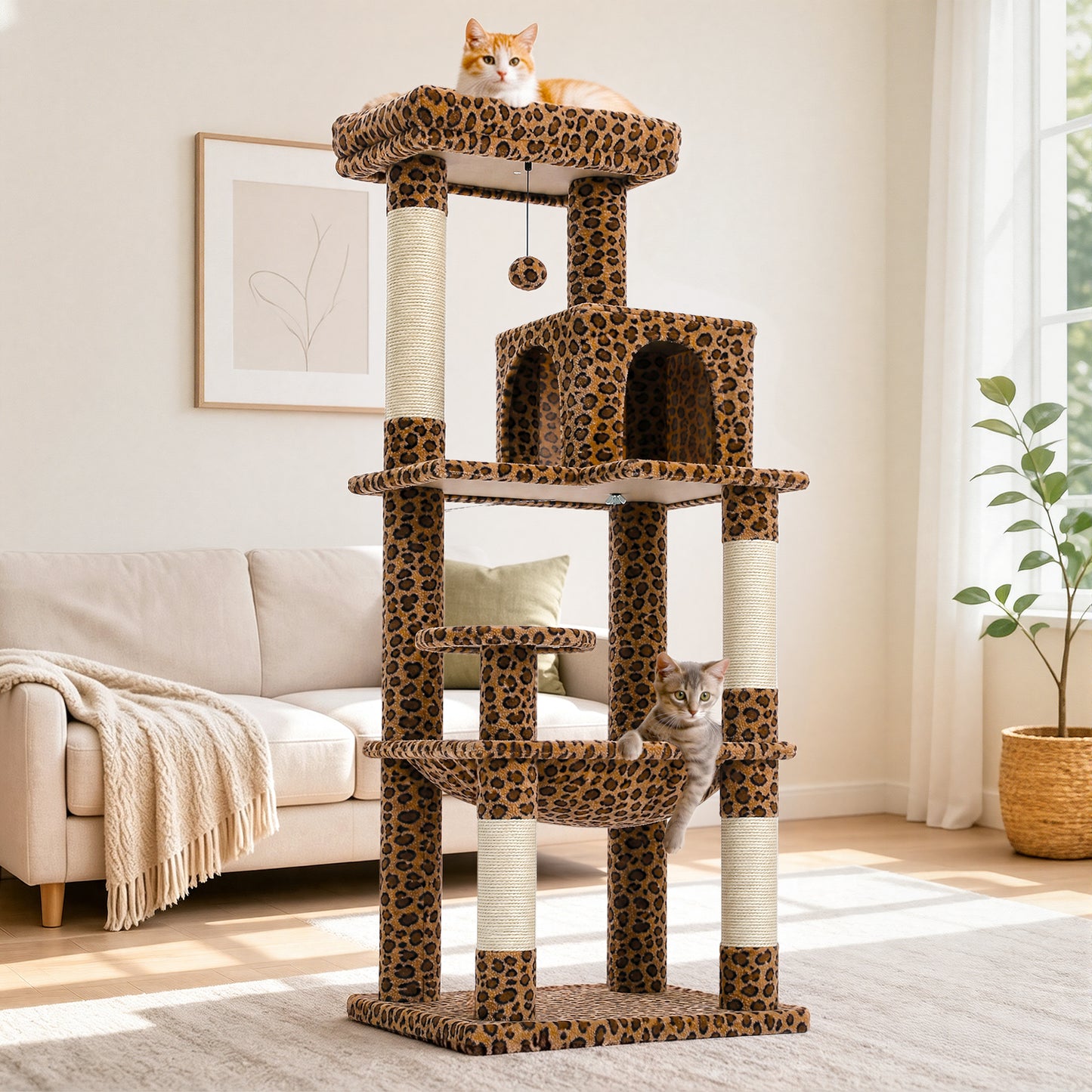 PAWZ Road 143cm Cat Tree with Scratching Post & Large Hammock & Top Perch, Large Hammock 51x41cm, Big Top Perch 45x30cm, 4 Sisal Covered Scratching Posts, 143cm, Leopard Print