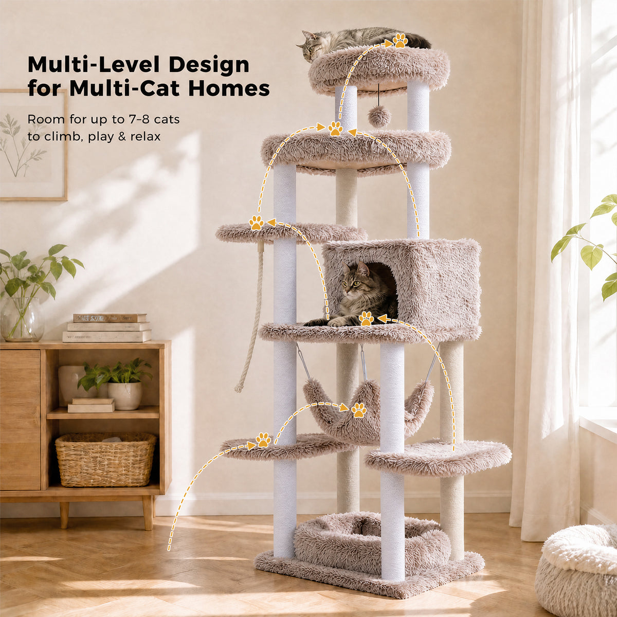 PAWZ Road 185cm Tall Cat Tree, Multi-Level Cat Tower for Large Indoor Cats Soft Long Plush Material, 2 Large Perches, Sisal-Covered Scratching Post, Hanging Hammock, Private Condo, Removable Bed, Brown