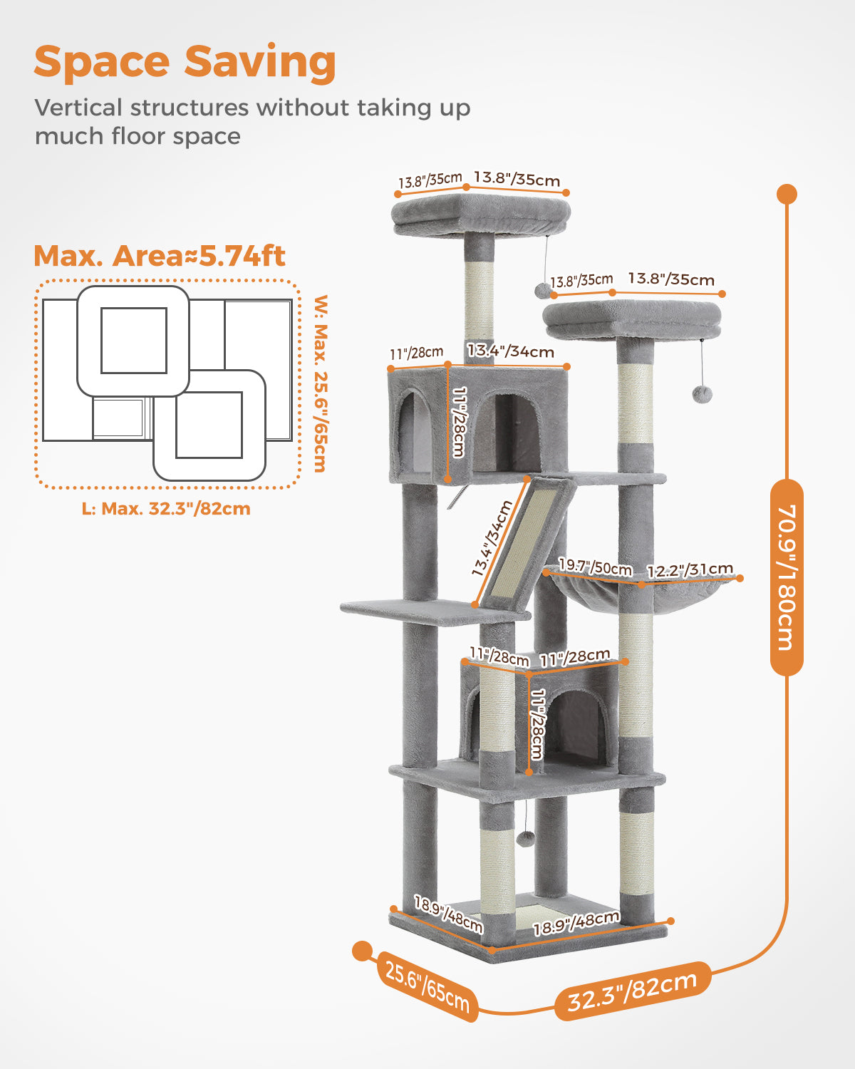 PAWZ Road Cat Tree Tower Scratching Post Adult Cats Condo House Bed Toys 180cm Grey