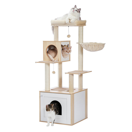 PAWZ Road Cat Tree Enclosure Cat Scratching Post Scratcher Tower Condo Cat Washroom Litter Box Beige