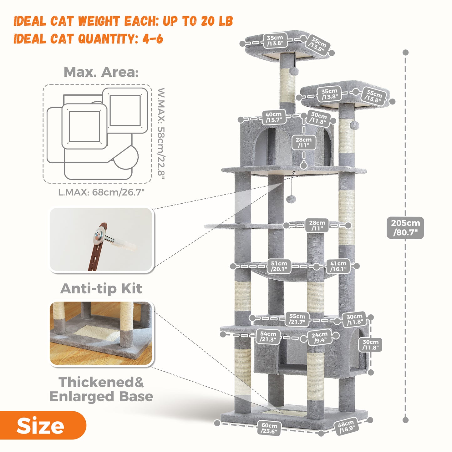 PAWZ Road 205cm Large Cat Tree Tower Scratching Post Scratcher Condo House Cat Furniture Grey