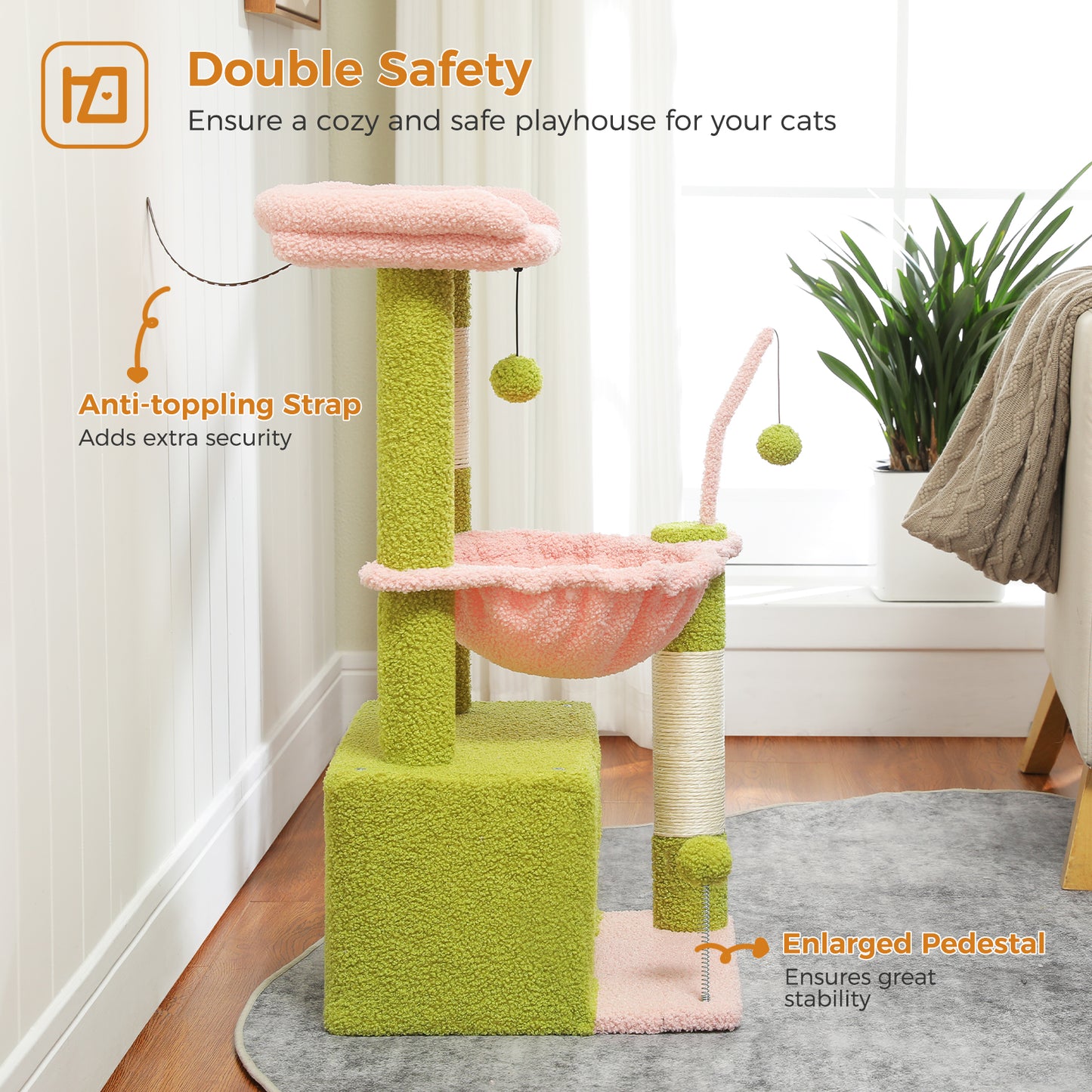 PAWZ Road Plush Cat Tree, 83cm Cat Tower with Cozy Hammock, Pet Furniture Natural Sisal Scratching Posts, Spacious Plush Perch, Large Cat Condo, Dingdang Balls for Indoor Cats, Pink