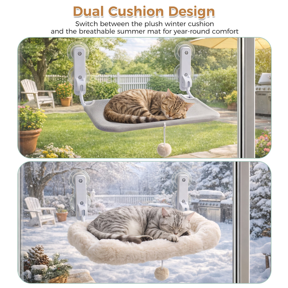 PAWZ Road Cat Window Hammock, Foldable Window Perch, White Cloud-Shaped Bed, 2 Cushions Included: Soft Cloud & Breathable Mesh, Sturdy Suction Cups, Machine Washable Mat,  Pompom Ball, for Large Cats