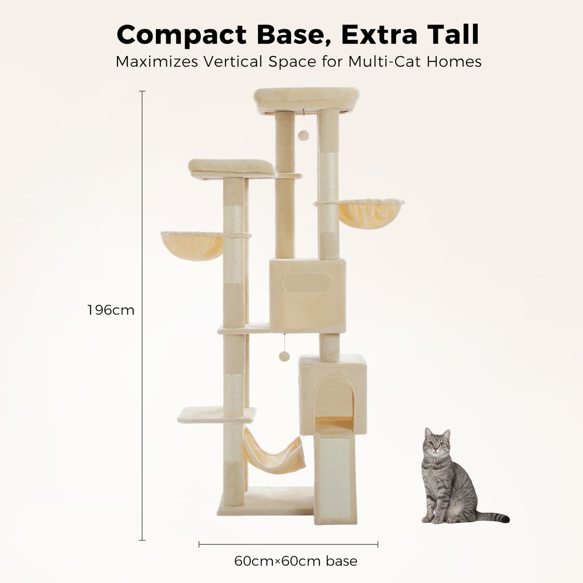 PAWZ Road 196cm Tall Cat Tree, Multi-Level Cat Tower for Large Indoor Cats 2 Large Perches, Sisal Scratching Posts & Ramp, Hanging Hammock & 2 Hanging Caves, 2 Private Condos, 2 Dangling Balls, Beige