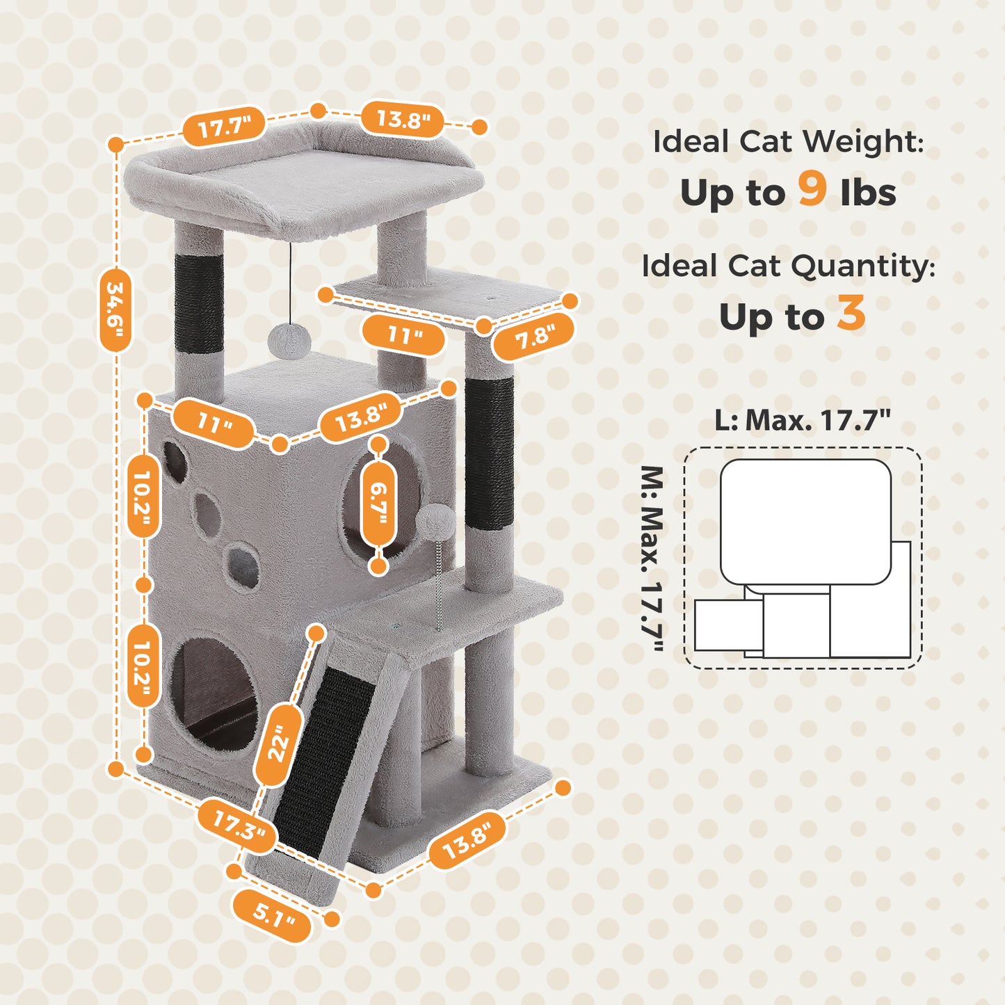 PAWZ Road Cat Tree for Indoor Cats, 88cm Small Cat Tower with Sisal-Covered Scratching Posts, 2 Condos, Scratching Ramp and Dangling Toys, Ideal Kitten Play House for Multi-Kitten Households