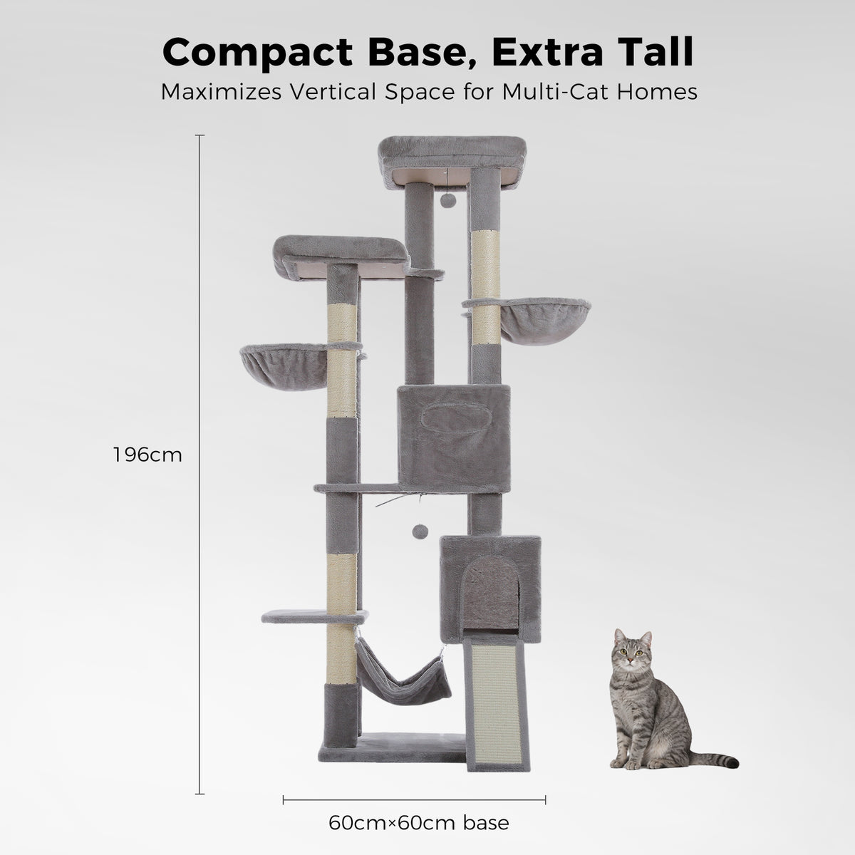 PAWZ Road 196cm Tall Cat Tree, Multi-Level Cat Tower for Large Indoor Cats 2 Large Perches, Sisal Scratching Posts & Ramp, Hanging Hammock & 2 Hanging Caves, 2 Private Condos, 2 Dangling Balls, Grey