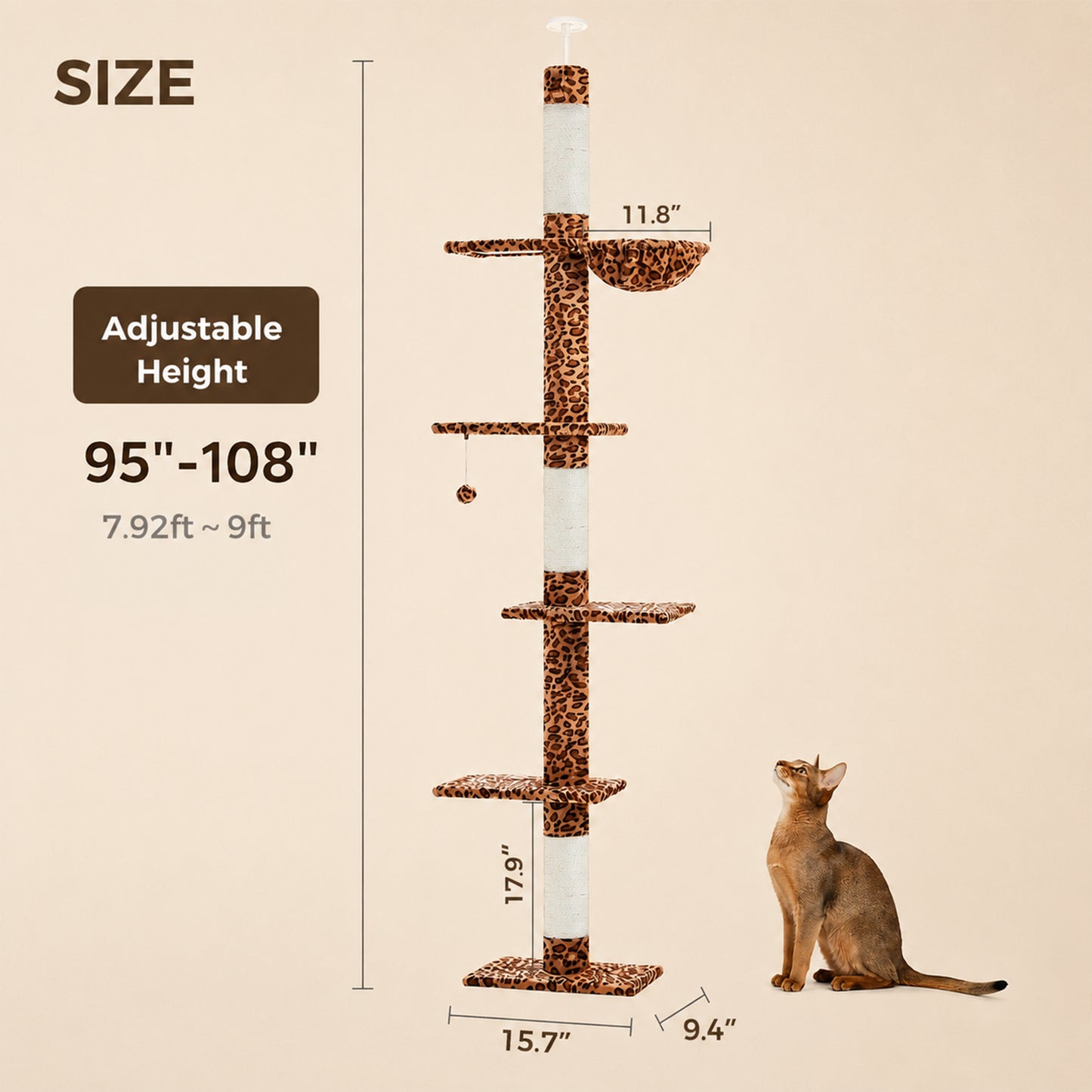 PAWZ Road Cactus Floor-to-Ceiling Cat Tree 5-Tier Cat Tower with Hammock ,229-275cm Adjustable Height ,Ceiling Tree in Green,No Drilling&Space Saving Tall Cat Tree, Multi-Level Skinny Cat Tower, Leopard print