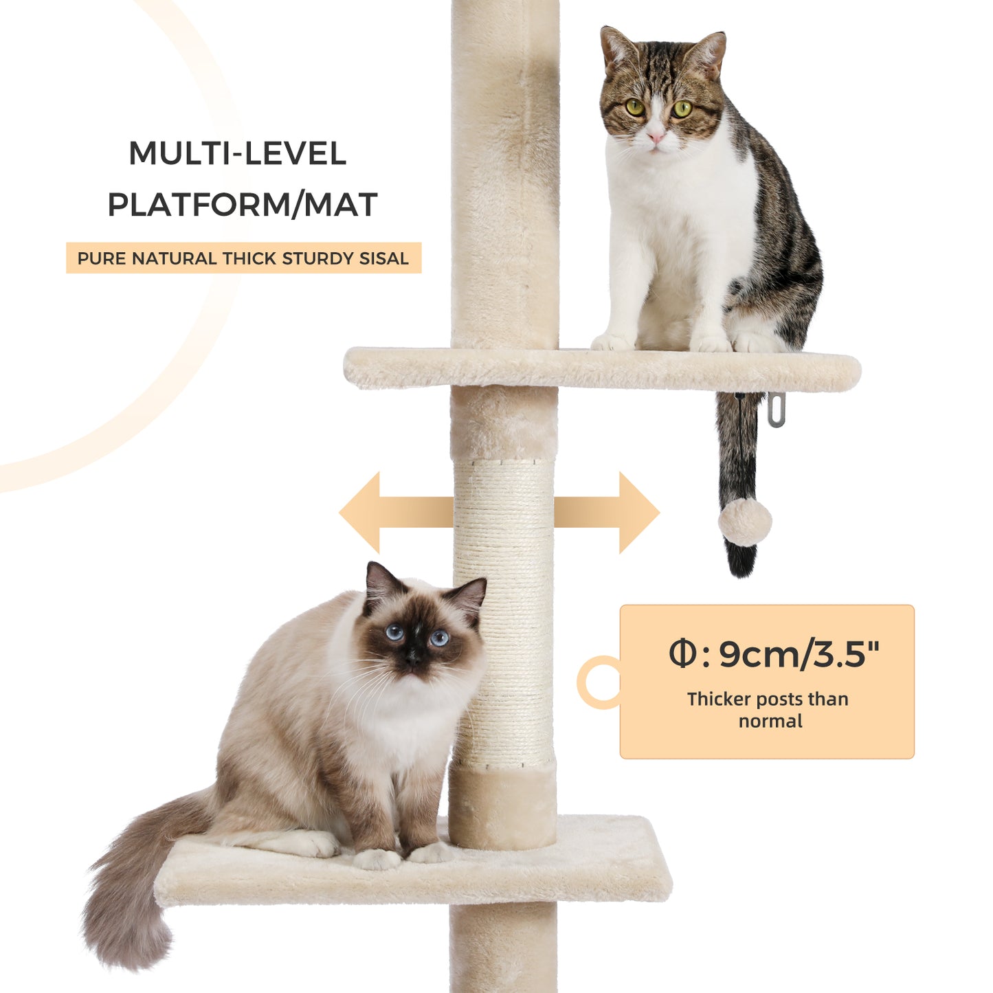 PAWZ Road Cat Tree Tower Floor to Ceiling Cat Scratching Post Height Adjustable Beige