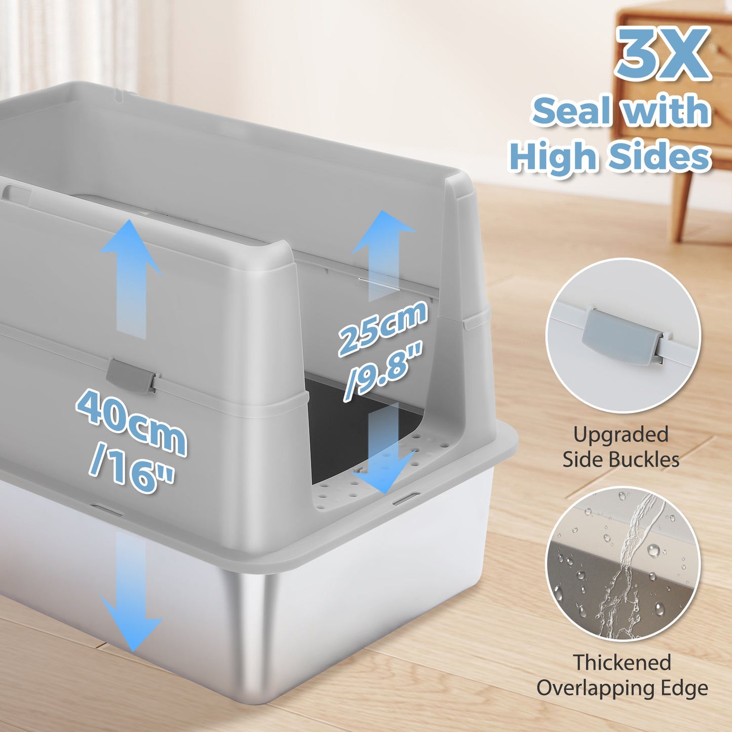 PAWZ Road Stainless Steel Litter Box XL Enclosed Cat Boxes with Lid | 41cm High Sides Anti-Leakage, 38L Capacity for Large Cats, Non-Stick Bottom & Includes Scoop