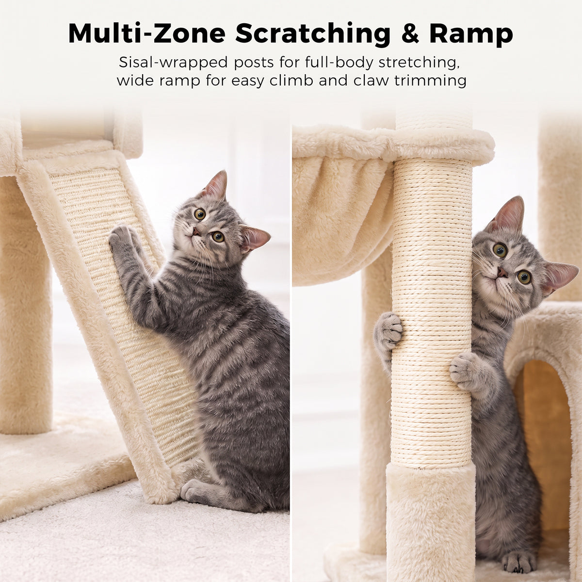 PAWZ Road 196cm Tall Cat Tree, Multi-Level Cat Tower for Large Indoor Cats 2 Large Perches, Sisal Scratching Posts & Ramp, Hanging Hammock & 2 Hanging Caves, 2 Private Condos, 2 Dangling Balls, Beige