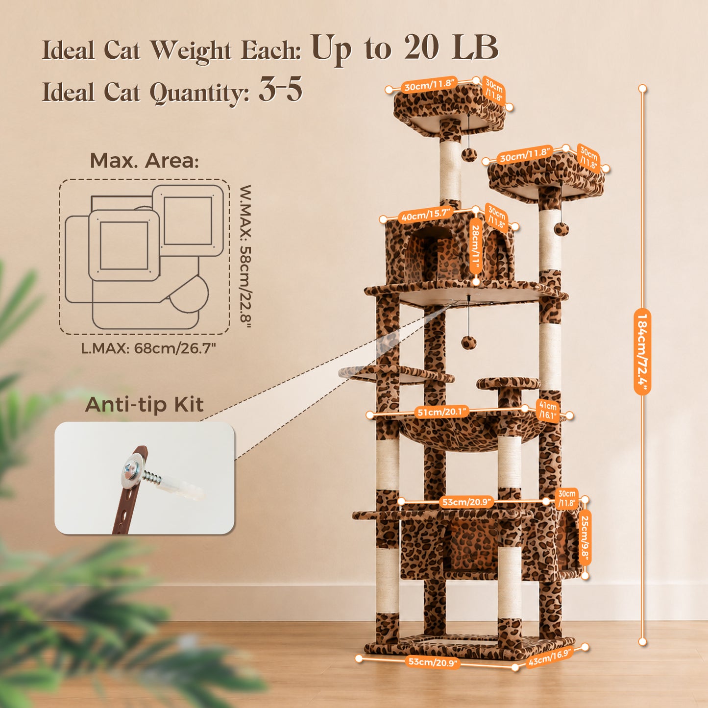 PAWZ Road 184cm Cat Tree for Indoor Cats, Leopard Print Cat Tower with Hammock Sisal-Covered Scratching Post & Pad, Spacious Hammock, Dual Condos, 2 Padded Perches, Dangling Balls, for Indoor Cats