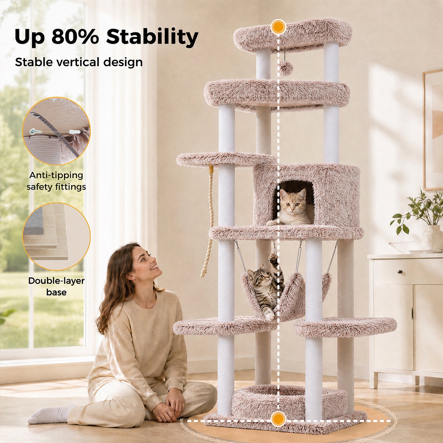 PAWZ Road 185cm Tall Cat Tree, Multi-Level Cat Tower for Large Indoor Cats Soft Long Plush Material, 2 Large Perches, Sisal-Covered Scratching Post, Hanging Hammock, Private Condo, Removable Bed, Brown