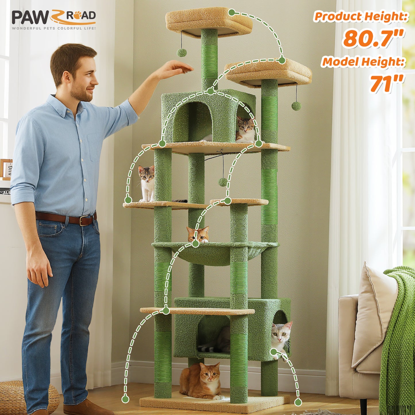 PAWZ Road 205cm Large Cactus Cat Tree Tower Scratching Post Scratcher Condo House Cat Furniture Green