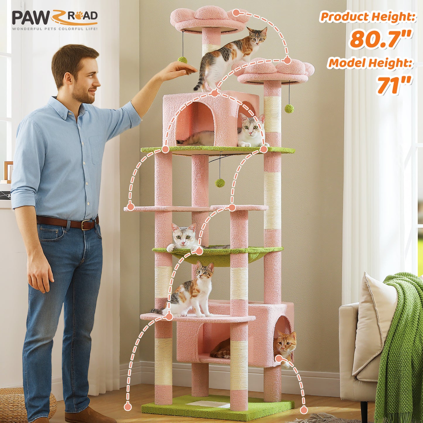 PAWZ Road 205cm Large Flower Cat Tree Tower Scratching Post Scratcher Condo House Cat Furniture Pink