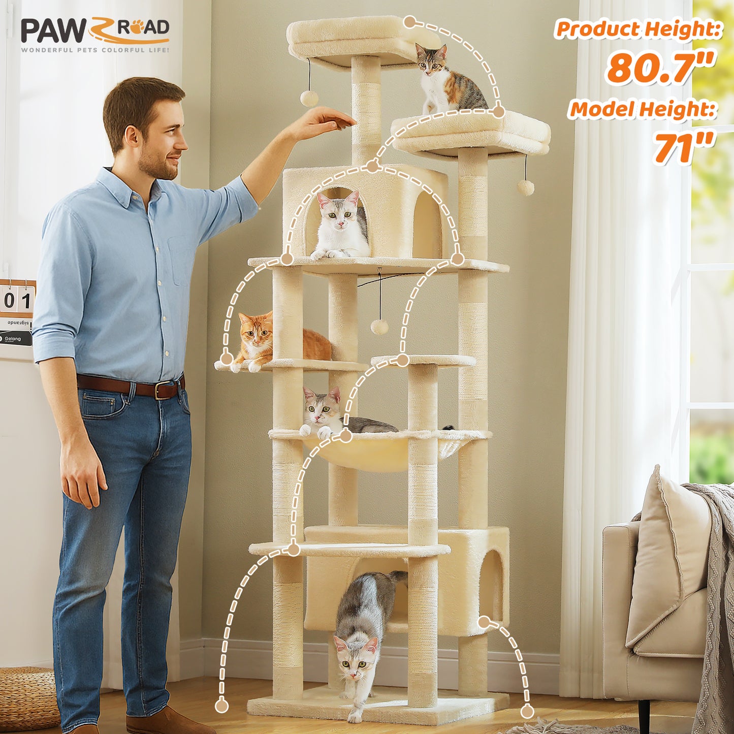 PAWZ Road 205cm Large Cat Tree Tower Scratching Post Scratcher Condo House Cat Furniture Beige