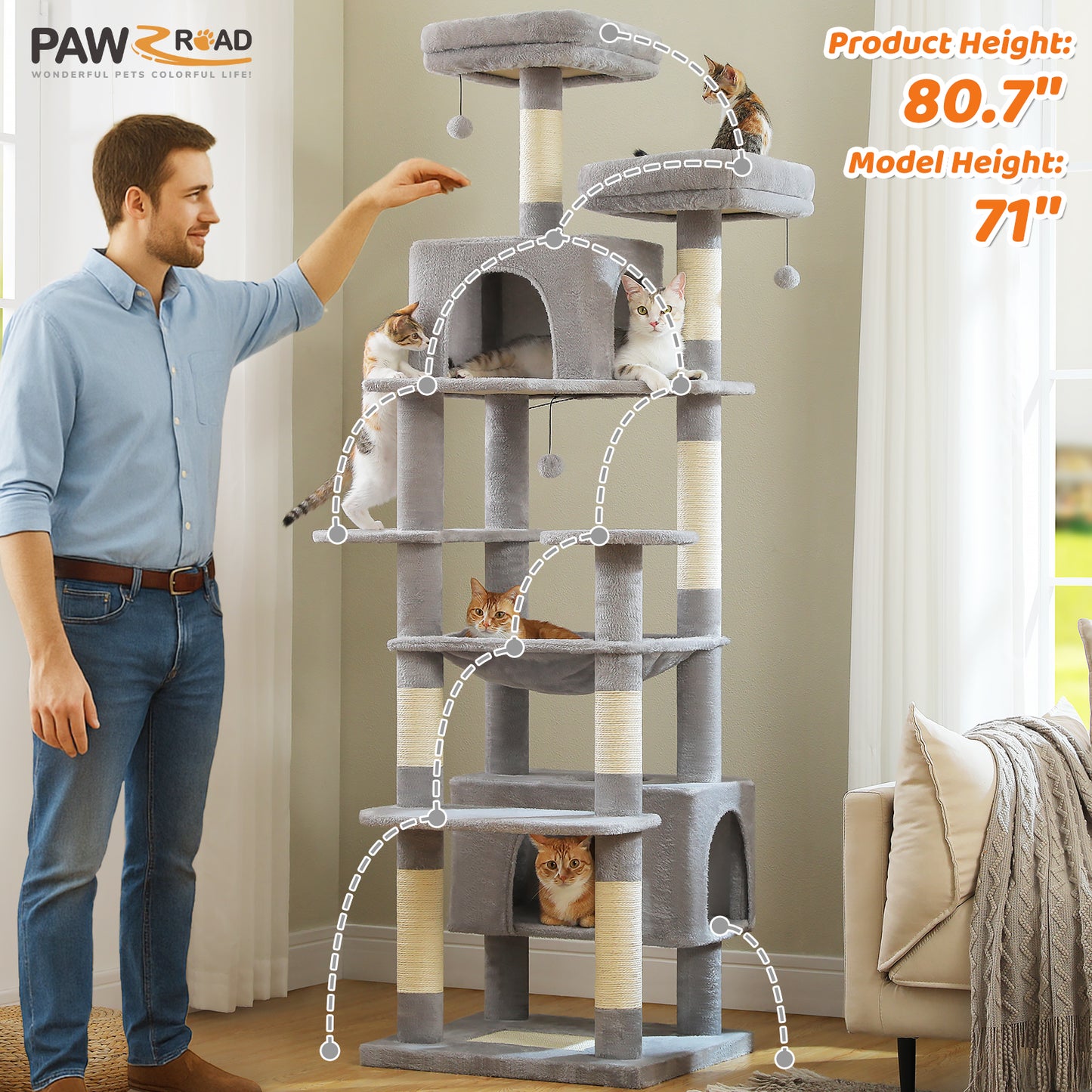 PAWZ Road 205cm Large Cat Tree Tower Scratching Post Scratcher Condo House Cat Furniture Grey