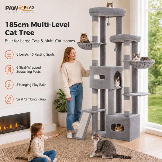 PAWZ Road 185cm Tall Cat Tree, Multi-Level Cat Tower for Large Indoor Cats 2 Large Perches, Sisal Scratching Posts & Ramp, 2 Hanging Caves, 2 Private Condos, 2 Dangling Balls, Grey