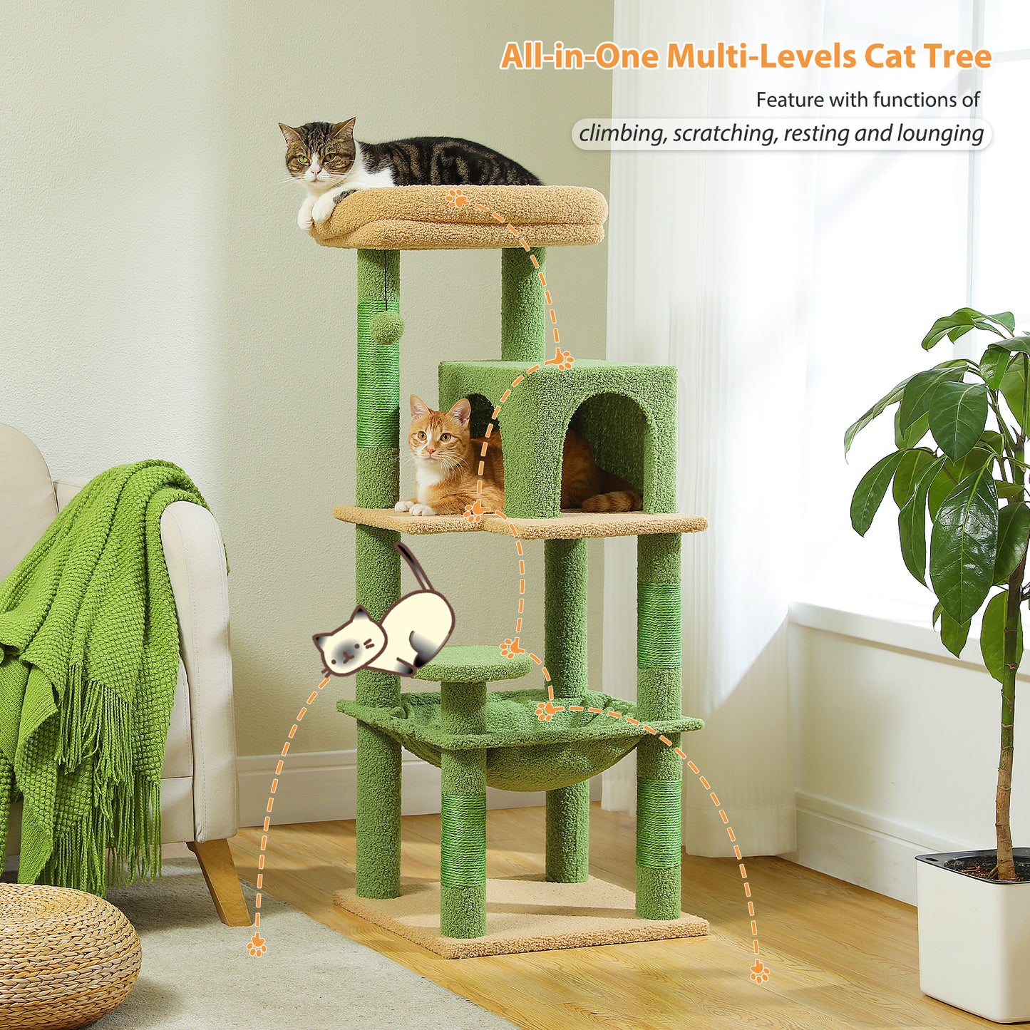 PAWZ Road 116cm Cat Tree Tower Scratching Post Scratcher Cat Condo Tree Kitten Bed Toy Green